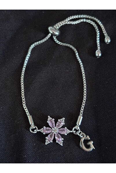 bijoux uniques Steel Pink Zircon Stone Lotus Flower g Letter Bracelet