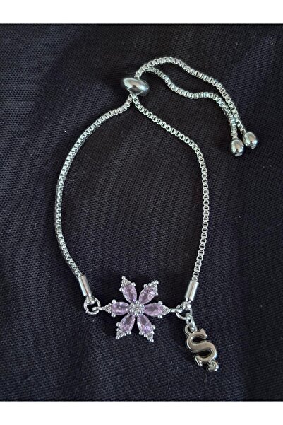 bijoux uniques سوار من الفولاذ بحجر الزركون الوردي على شكل زهرة اللوتس مع حرف S
