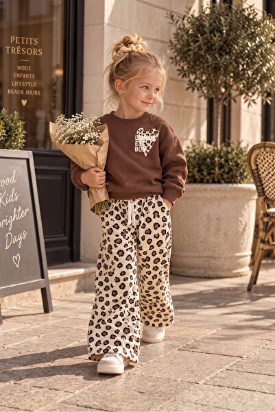 Babymod Leopard Patterned Heart Detailed Girls' Top and Bottom Set Brown