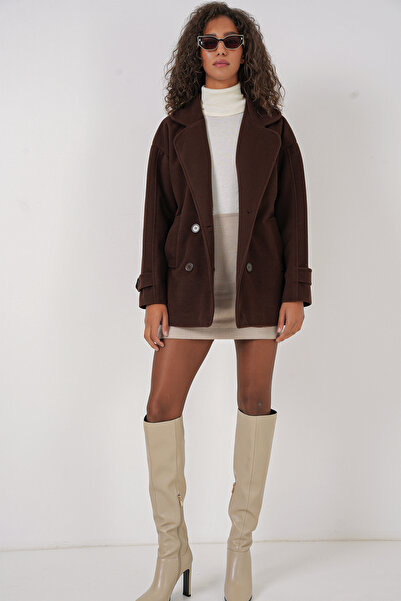 Modamorfo 9143 Women's Double Breasted Lapel Stamp Coat - Brown