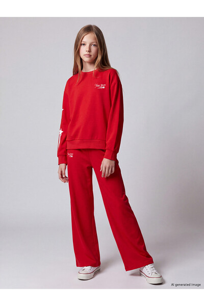 LC Waikiki Vizyon New Season Red Printed Girls' Soft Touch Tracksuit Set