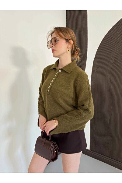 Lamierra Button Detailed Collared Sleeve Patterned Knitwear Sweater