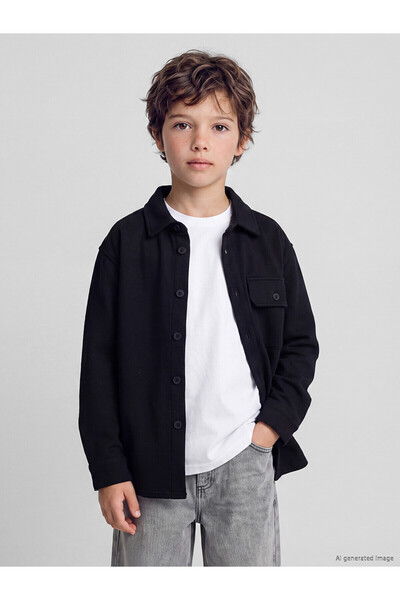 LC Waikiki Lcw Kids Black Plain Standard & Regular Boys' Shirt Jacket with Ne...