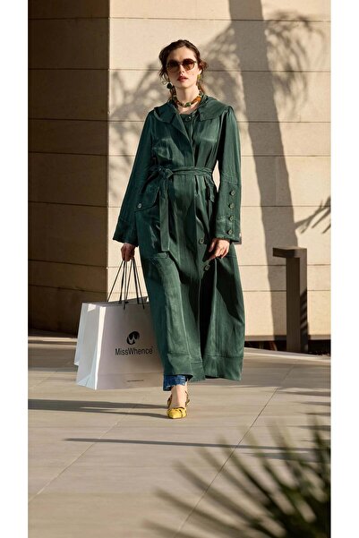 MissWhence Hooded Belted Linen-Blend Long Coat - Green