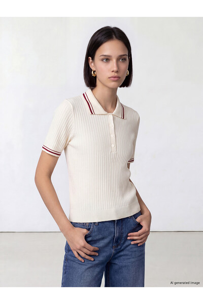 LC Waikiki Nevavm Lcw Comfort White Knitwear Striped Polo Neck Women's Sweate...