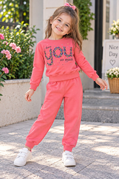 SERPİL Girls' Tracksuit Set – Pink Love You Print Sweatshirt and Jogger Pants...
