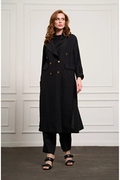 MissWhence Double-Breasted Linen Overcoat - Black
