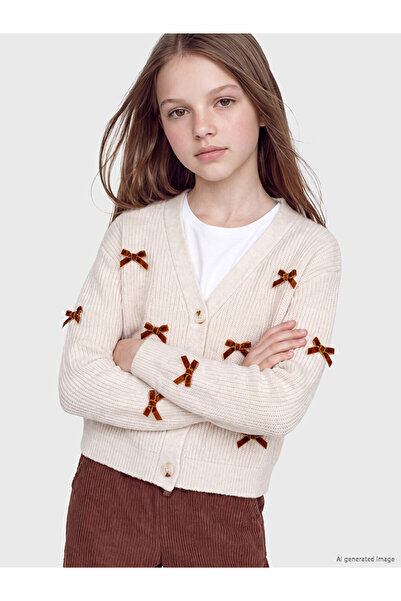 LC Waikiki Peak New Season Ecru Bow Detailed Girls' Knitwear Cardigan