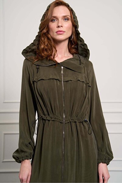 MissWhence Hooded Cupro Overcoat with Drawstring Waist - Khaki