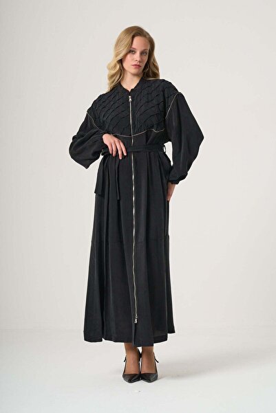 MissWhence Belted Cupro Long Coat with Seam Details - Black