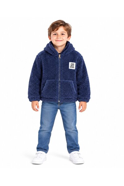 MAVİ BONCUKK Çocuk Unisex Peluş Welsoft Fermuarlı Kapüşonlu ve Dik Yaka Polar...