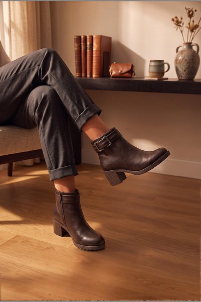 YUUN Ankle Boots with Di̇ez Buckle and Zipper