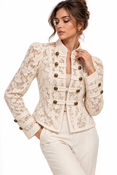 LOKADI Women's Ecru Lace Jacket with Stand Collar and Gold Button Detail, Sho...