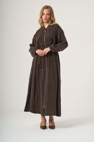 MissWhence Belted Cupro Long Coat with Seam Details - Brown