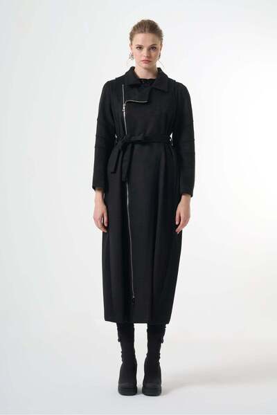 MissWhence Belted Suede-Effect Long Coat - Black