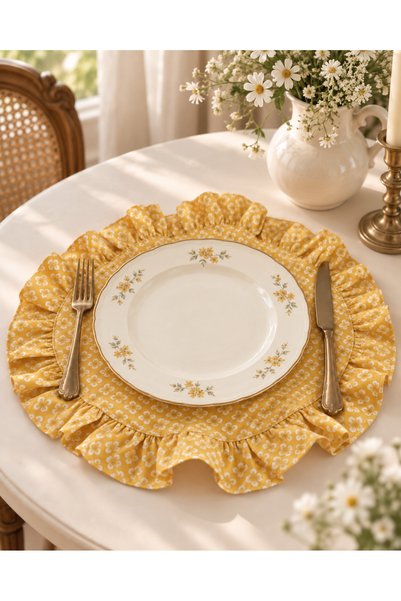 NURGİTA HOME Fırfırlı Vintage Yuvarlak Amerikan Servis & Sarı Çiçekli Duck Ke...
