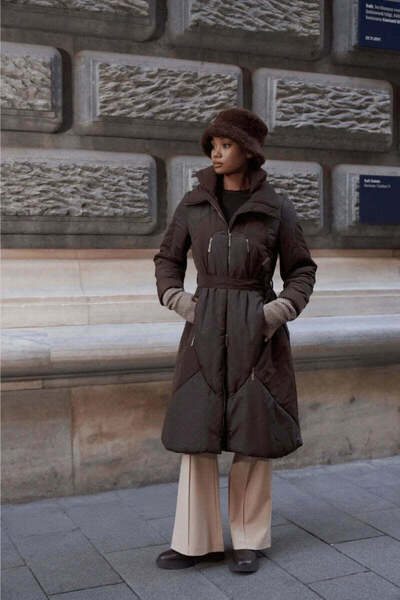 MissWhence Belted Long Winter Coat with Zip Details - Brown