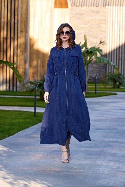 MissWhence Hooded Cupro Overcoat with Drawstring Waist - Indigo