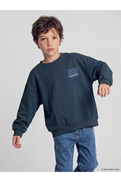 LC Waikiki Two Mt Shop Quality Lcw Kids Navy Blue Printed Boys' Thick Sweatshirt