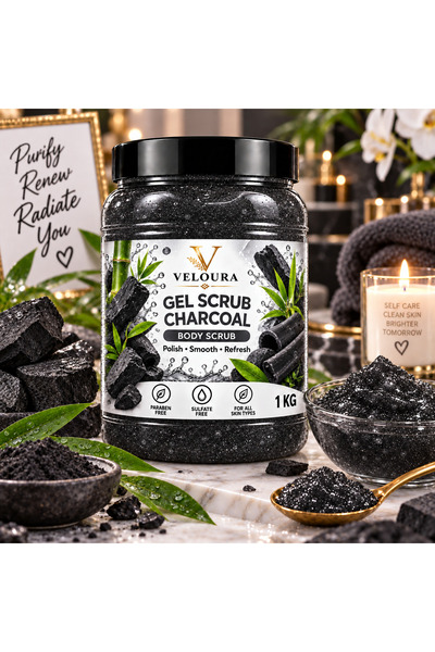 Veluora CHARCOAL GEL SCRUB 1KG – DEEP-CLEANSING & REFRESHING EXFOLIATING BODY SCRUB FOR HANDS, FEET & BODY