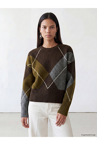 LC Waikiki Nevavm Lcw Comfort Brown Knitwear Diamond Patterned Oval Neck Wome...