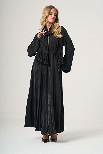 MissWhence Belted Cupro Overcoat with Matching Scarf - Black