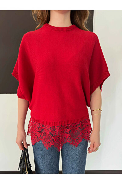 Lamierra Etek Ucu Dantelli Oversize Triko Bluz