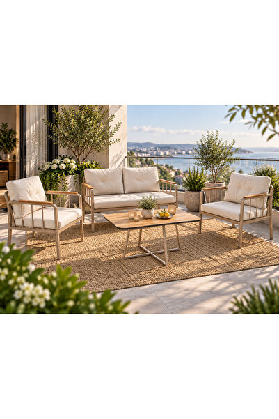 Liva Bahçe Balkon Oturma Grubu - 2+1+1 Takım + Sehpa - Cappuccıno Metal İskelet