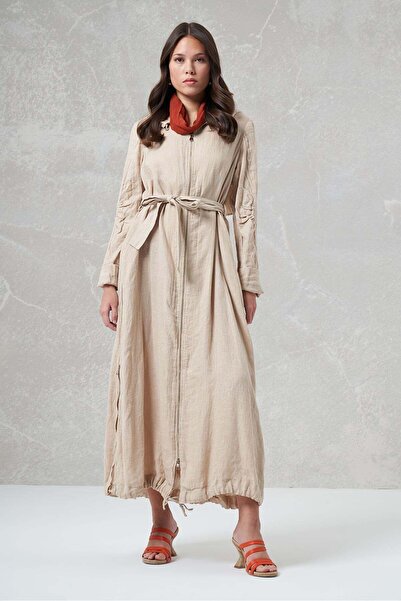 MissWhence Belted Zip-Front Linen Overcoat - Beige
