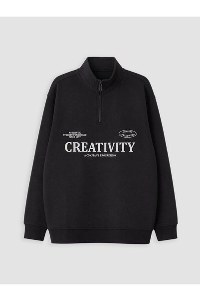 LC Waikiki Black Mock Neck Printed Boys' Thick Sweatshirt