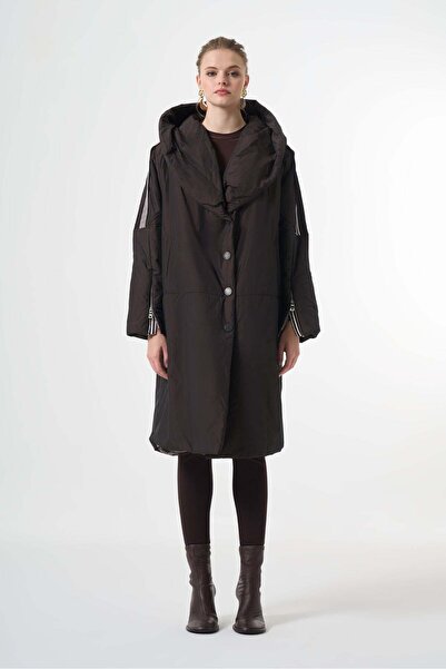 MissWhence Long Winter Coat with Striped Sleeve Details - Black