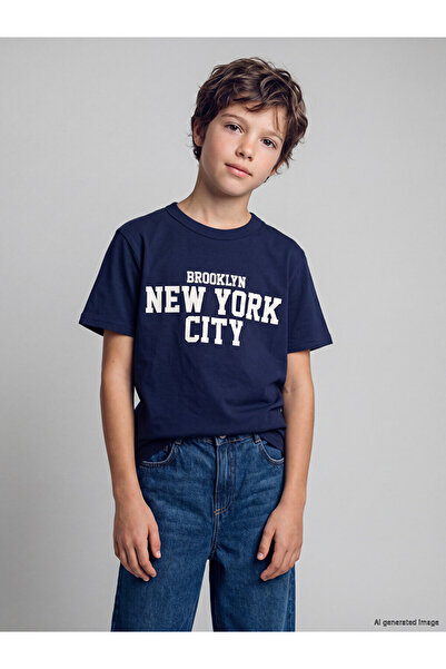 LC Waikiki Peak New Season Navy Blue New York Printed Boys' T-Shirt