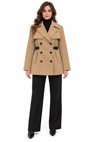 LOKADI Women's Beige Short Trench Coat Double-Breasted Buttoned Belt Detailed...