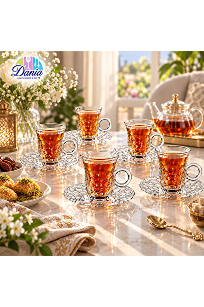 Dania **طقم شاي زجاجي شفاف مزخرف للضيافة والتقديم – 6 فناجين شاي سعة 100 مل +...