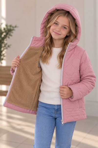 DUBLİNO KİDS Flowered Baklava Patterned Girls' Water and Wind Proof Hooded Coat