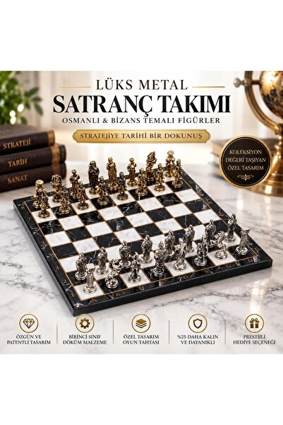 e-life shop Lüks Metal Satranç Takımı Osmanlı Bizans Figürlü Krom Kaplama Siy...