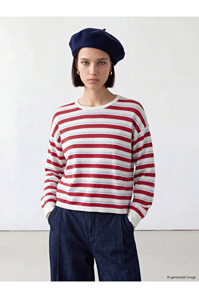 LC Waikiki Nevavm Lcw Comfort White Knitwear Striped Oval Neck Women's Sweate...