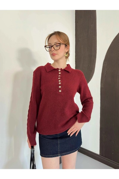 Lamierra Button Detailed Collared Sleeve Patterned Knitwear Sweater