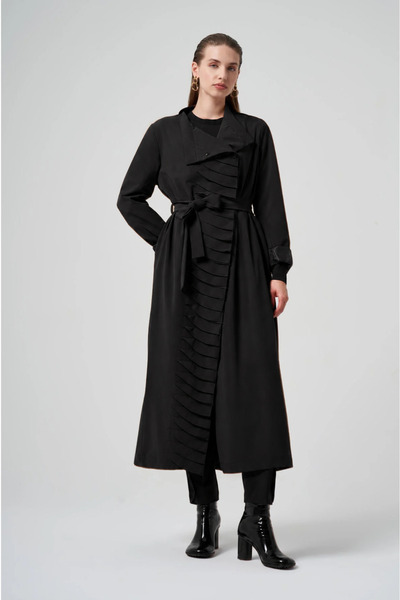 MissWhence Belted Long Coat with Pleated Front Panel - Black