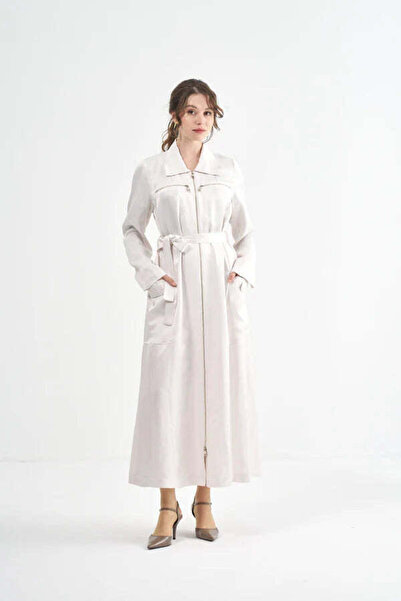 MissWhence Belted Satin Zip-Front Long Coat - Ecru