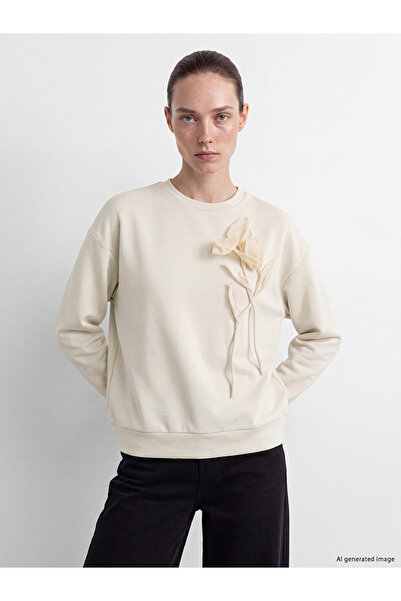 LC Waikiki Peak New Season Beige Embroidered Soft Touch Women's Sweatshirt