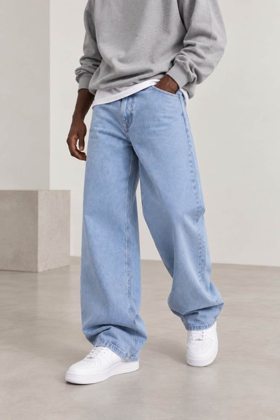 bb butik basic Men's Baggy Jean Wide Leg Comfortable Fit High Waist Denim Pan...