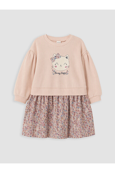 LC Waikiki Nevavm Pink 3 Thread Printed Girls' Dress with Difference