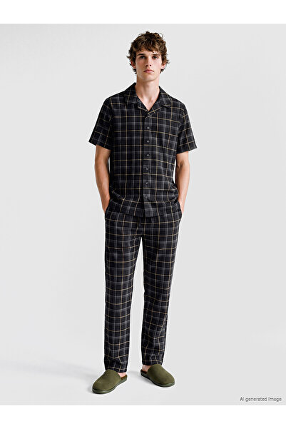 LC Waikiki Nevavm with Difference Black Combed Cotton Plaid Short Sleeve Men'...