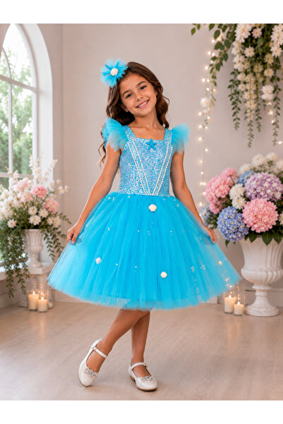 black white wedding Girl's Blue Mermaid Costume Sequined Tulle Birthday Dress...
