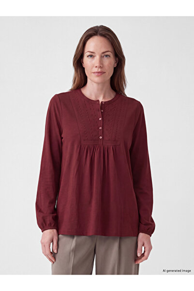 LC Waikiki Peak New Season Burgundy Crew Neck Embroidered Gathered Blouse