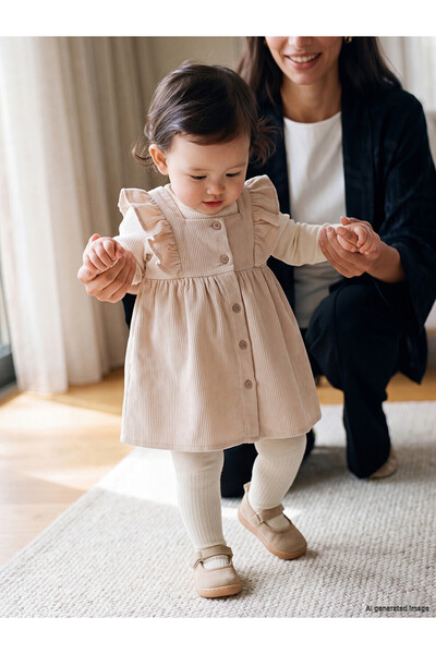 LC Waikiki Alita City Lcw Baby Beige Ruffled Baby Girl Velvet Dress Set