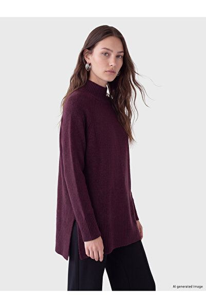 LC Waikiki Lcw Modest Purple Knitwear Plain Oversize Women's Tunic with Nevav...