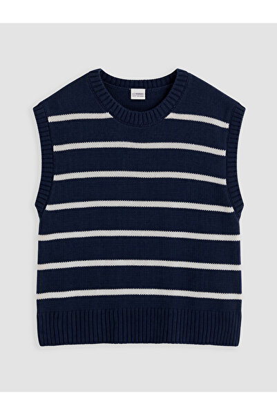LC Waikiki Vizyon New Season Navy Blue Striped Girls' Knitwear Sweater