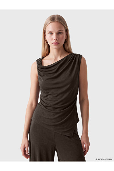 LC Waikiki Peak New Season Brown Draped Collar Asymmetrical Cut Gathered Blouse